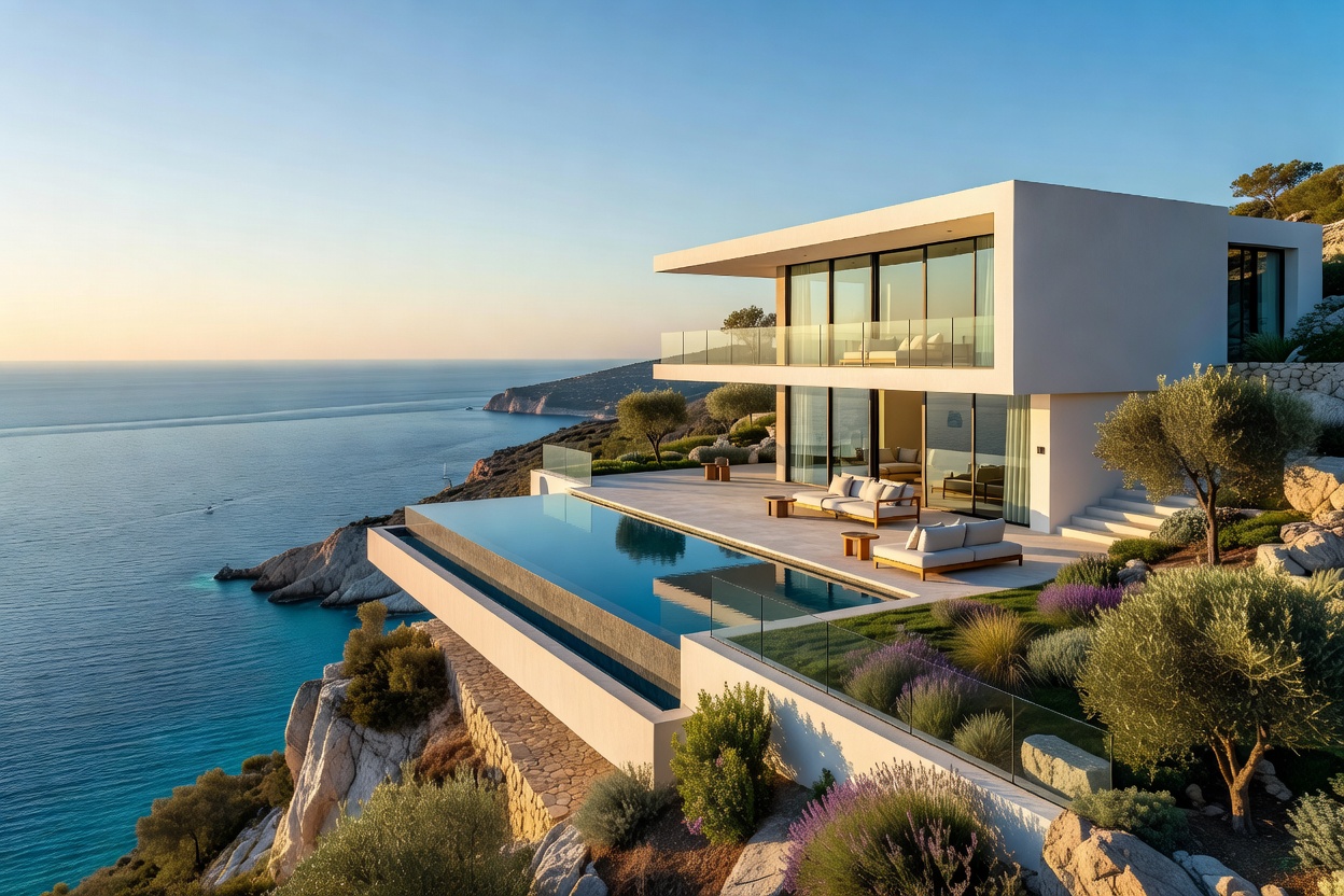 Modern luxury villa overlooking the Mediterranean coastline