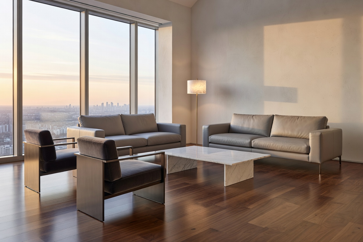 Penthouse interior with hardwood flooring and designer furnishings