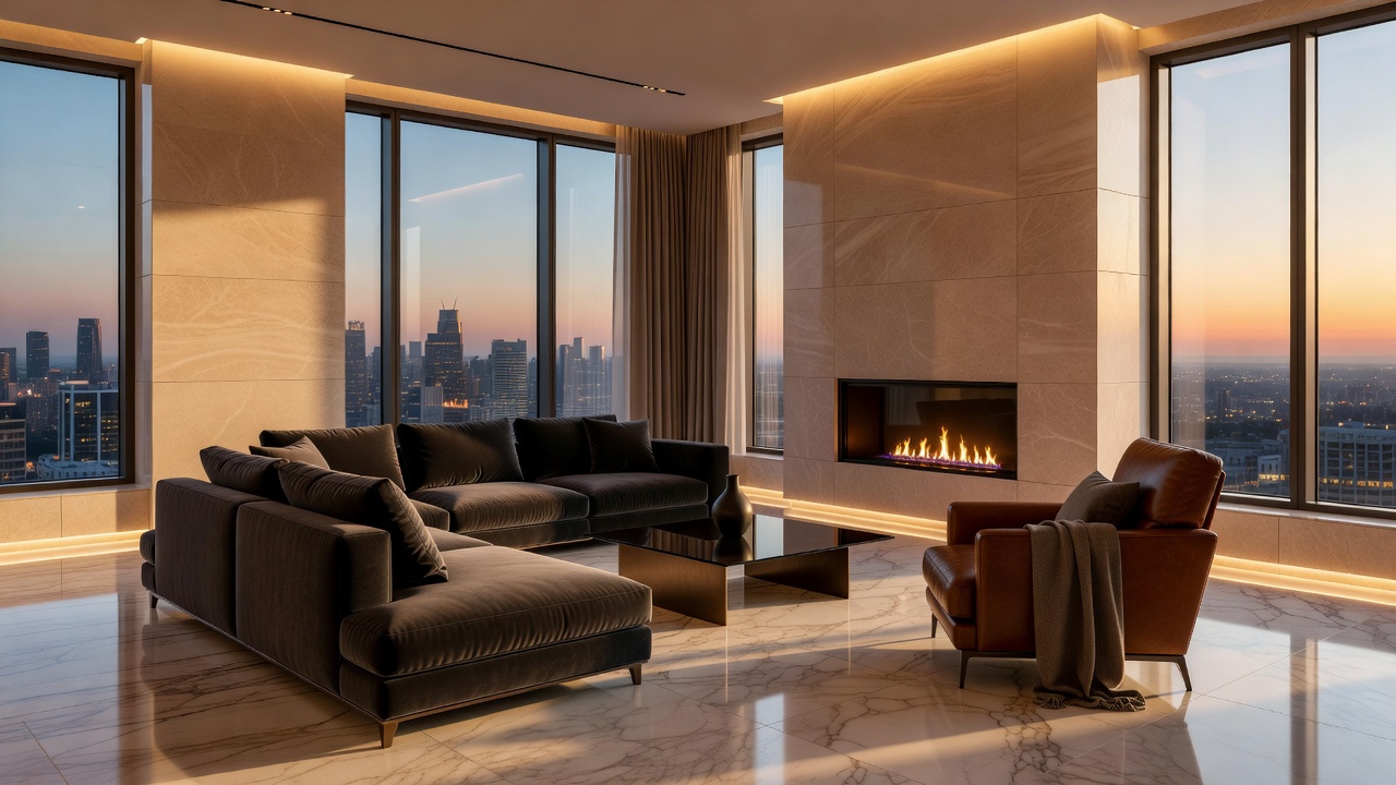 Penthouse living area with prime interior finish